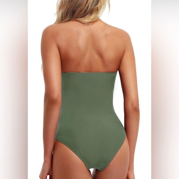 LA BLANCA Olive Green Strapless Halter Rouched One Piece Swimsuit Size 6 - Picture 2 of 3